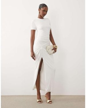 Ruched & Ready Miss Me Yet Sculpted Jersey Knot Waist Detail T-shirt Maxi Dress - Natural