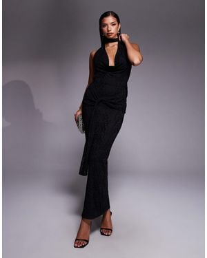 Kaiia Exclusive Lace Deep Cowl Neck Open Tie Back Drape Waist Detail Maxi Dress - Blue