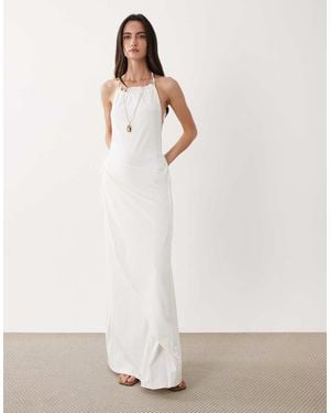 SNDY'S Cotton Blend Halterneck Low Back Side Drape Detail Maxi Dress - White