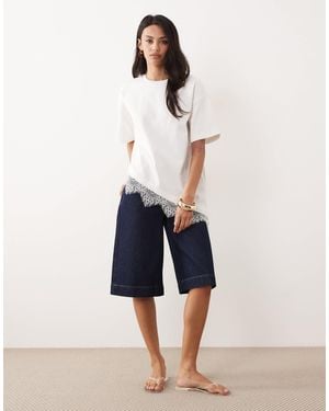 4th & Reckless Cotton Asymmetric Hem Lace Trim T-shirt - Blue