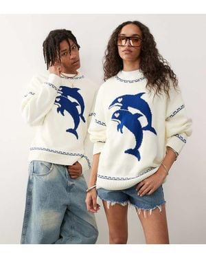 Collusion Unisex Dolphin Print Knitted Boxy Jumper - Blue