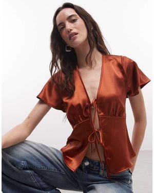 Reclaimed Vintage Satin Tie Front Top - Red