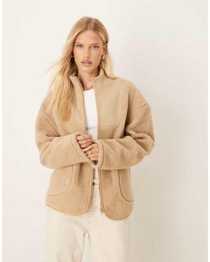 ASOS Zip Through Borg Fleece And Knit Mix Jacket - Natural