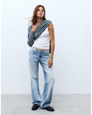 Pull&Bear Jeans Met Siersteentjes, Lage Taille En Rechte Pijpen - Blauw
