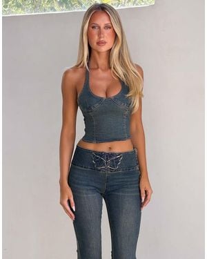Tiger Mist Riona Denim Halterneck Cup Detail Crop Top - Blue
