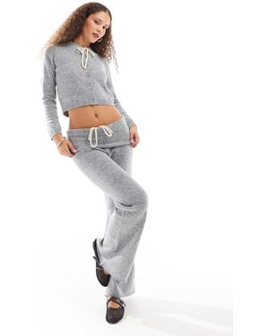 Daisy Street Ribbon Bow Fold Over Flare Fit Knit Trousers - White