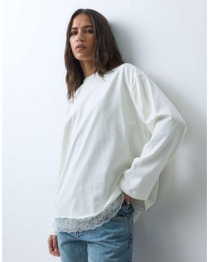 Miss Selfridge Oversized T-Shirt Met Lange Mouwen En Kanten Zoom - Wit