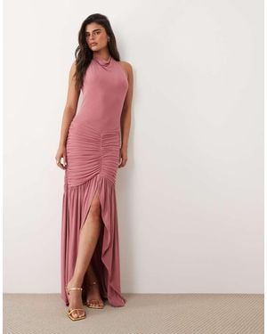 ASOS High Neck Cowl Mesh Maxi Dress With Frill Split Detail - Pink