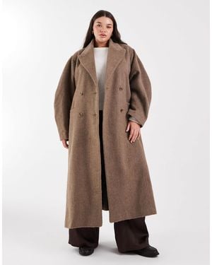 ASOS Asos Design Curve Brushed Coat With Dome Sleeve And Skinny Belt - Brown