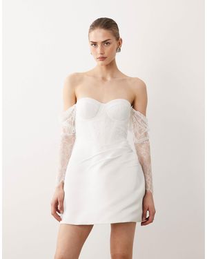 Six Stories Bridal Fallen Shoulder Lace Sleeve Mini Dress - White