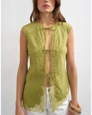 TOPSHOP Cap Sleeve Asymmetric Tie Front Lace Detail Top - Green