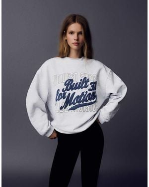 Bershka Oversize Round Neck Print Sweatshirt - Blue