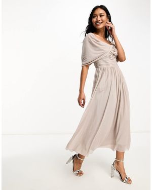 Little Mistress Bridesmaids Bardot Gathered Midi Dress - Natural