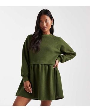 Miss Selfridge Vestito Grembiule Verde Oliva Spazzolato Morbidissimo