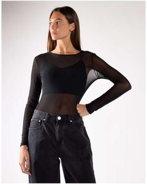 Glamorous Sheer Mesh Long Sleeve Bodysuit - Black