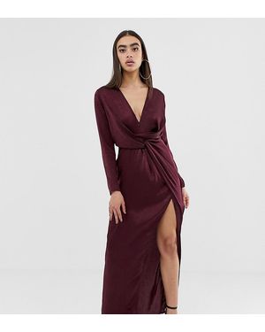 Missguided Vestito lungo in raso bordeaux con nodo sul davanti e spacco - - Viola
