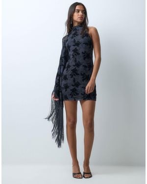ASOS Devore Halter Mini Dress With Fringed Statement Sleeve - Blue