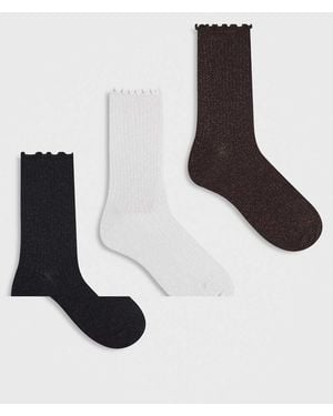 Vero Moda 3 Confezione Da Paia Di Calzini Glitterati Neri, Bianchi E Cioccolato Con Bordi A Volant - Bianco