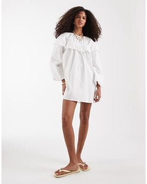 Neon Rose Ruffle Edged Long Sleeve Babydoll Dress - White