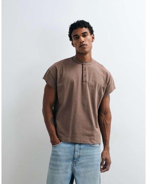 ASOS Heavyweight Boxy Oversized T-shirt With Henley Neck And Cap Sleeve - Brown