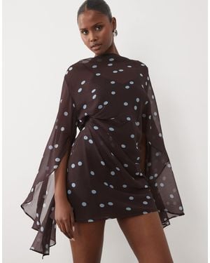 ASOS High Neck Drape Front Extreme Cape Sleeve Mini Dress - Brown