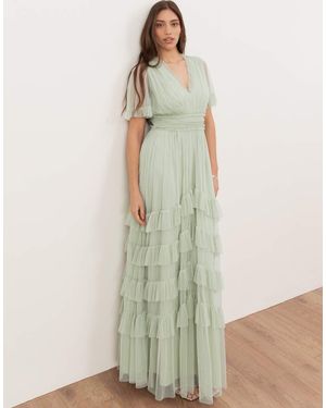 ANAYA V Neck Ruffle Tulle Maxi Dress - Green