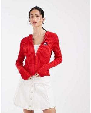 Tommy Hilfiger Hooded Rib Cardigan - Red