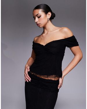 Fashionkilla Exclusive Floral Lace Mesh Overlay Sweetheart Neckline Off Shoulder Floaty Hem Top Co-ord - Black