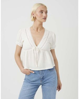 Brave Soul Bow Detail V-Neck Short Sleeve Top - White