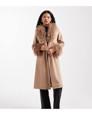 New Look Belted Faux Suede Faux Fur Mixed Coat - Natural