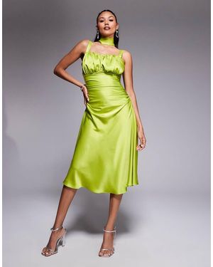 Taideux Fuller Bust Adrienne Boned Satin Midi Dress With Ruching And Neck Scarf - Yellow