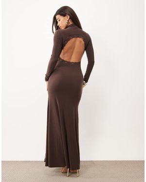 ASOS High Neck Slinky Maxi Dress With Lace Trim Open Back Detail - Brown