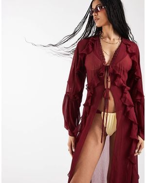 Reclaimed Vintage Tie Front Kimono With Beads - Red