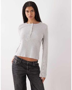 Weekday Waffle Henley Long Sleeve Top - Grey