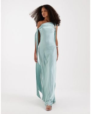 TFNC London Bridesmaids Fallen Shoulder Satin Maxi Dress - Blue