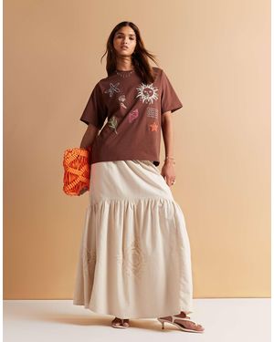 ASOS Embroidered Tiered Maxi Skirt With Lace Inserts - Natural