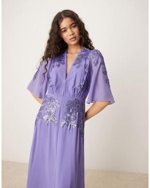 Hope & Ivy Hartley Plunge Front Embellished Maxi Dress With Flutter Sleeves - Purple