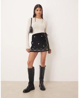 ASOS Embroidery Detail Velvet Wrap Mini Skirt-black - Natural
