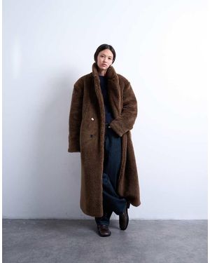 TOPSHOP Double Breasted Borg Longline Coat - Brown