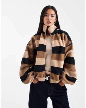 Collusion Stripe Borg Fleece Zip Through Top - Multicolour
