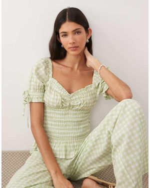 Wednesday's Girl Co-Ord Balloon Sleeved Shirred Bardot Top - Green