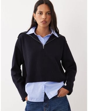 Mango 2 In 1 Quarter Zip Sweater With Shirt In Blue