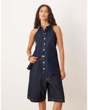 ASOS Denim Collar Sleeveless Shirt With Open Back - Blue