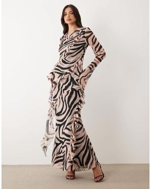 DASKA – langärmliges chiffon-maxikleid mit rüschen und zebramuster - Weiß