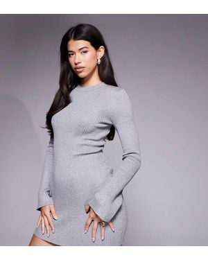 Kaiia Exclusive Ribbed Knit Flared Sleeve Mini Jumper Dress - Purple