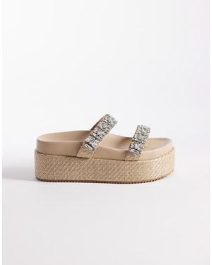Public Desire Darcy Platform Raffia Sandals With Embellished Straps-brown - Natural