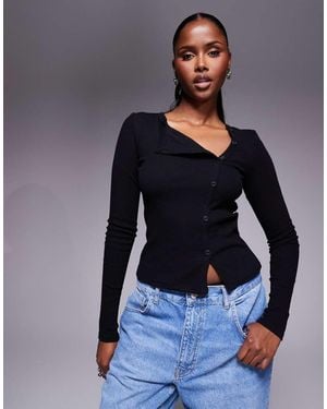 Princess Polly Passoni Ribbed Asymmetric Popper Detail Long Sleeve Top - Blue