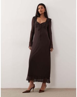 ASOS Frill Neckline Mesh Long Sleeve Midi Dress - Brown