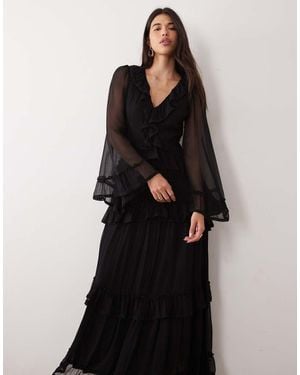 LACE & BEADS Chiffon Plunge Neck Flare Sleeve Ruffle Maxi Dress - Black
