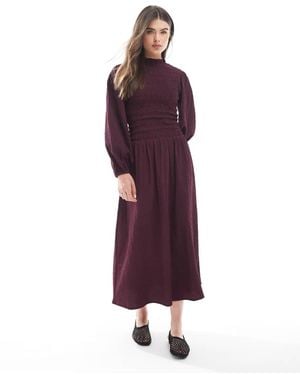 Wednesday's Girl Puff Sleeve Shirred Detail Midaxi Dress - Purple